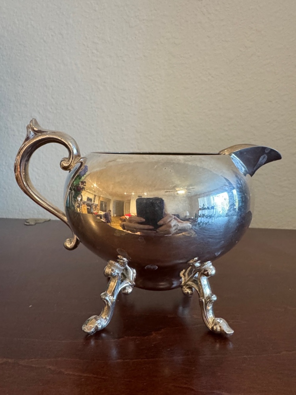 Vintage Silver Plates Copper Creamer Pitcher with Ornate Feet and Handle